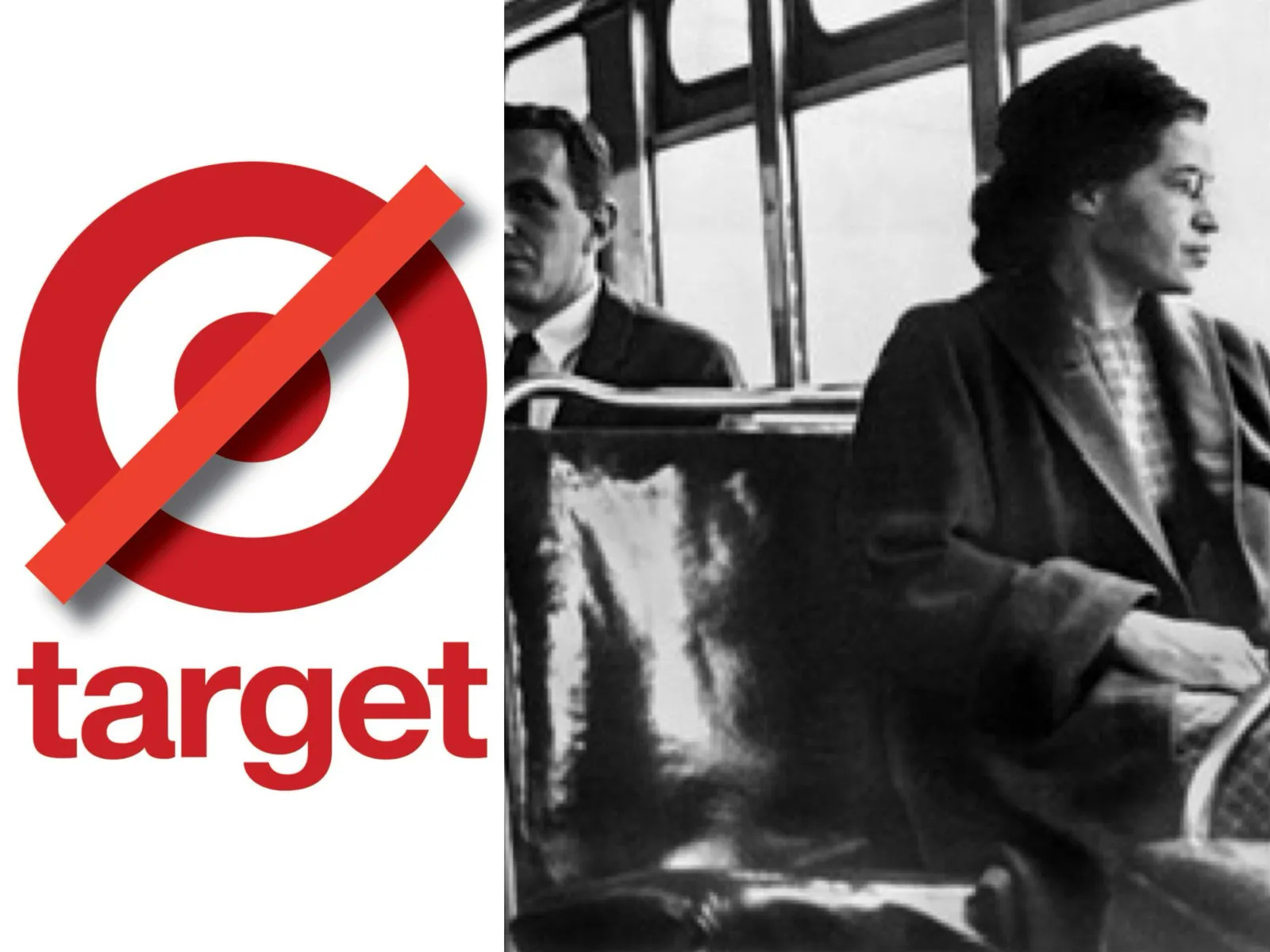 The Target logo struck through, beside a black-and-white photo of Rosa Parks seated on a bus
