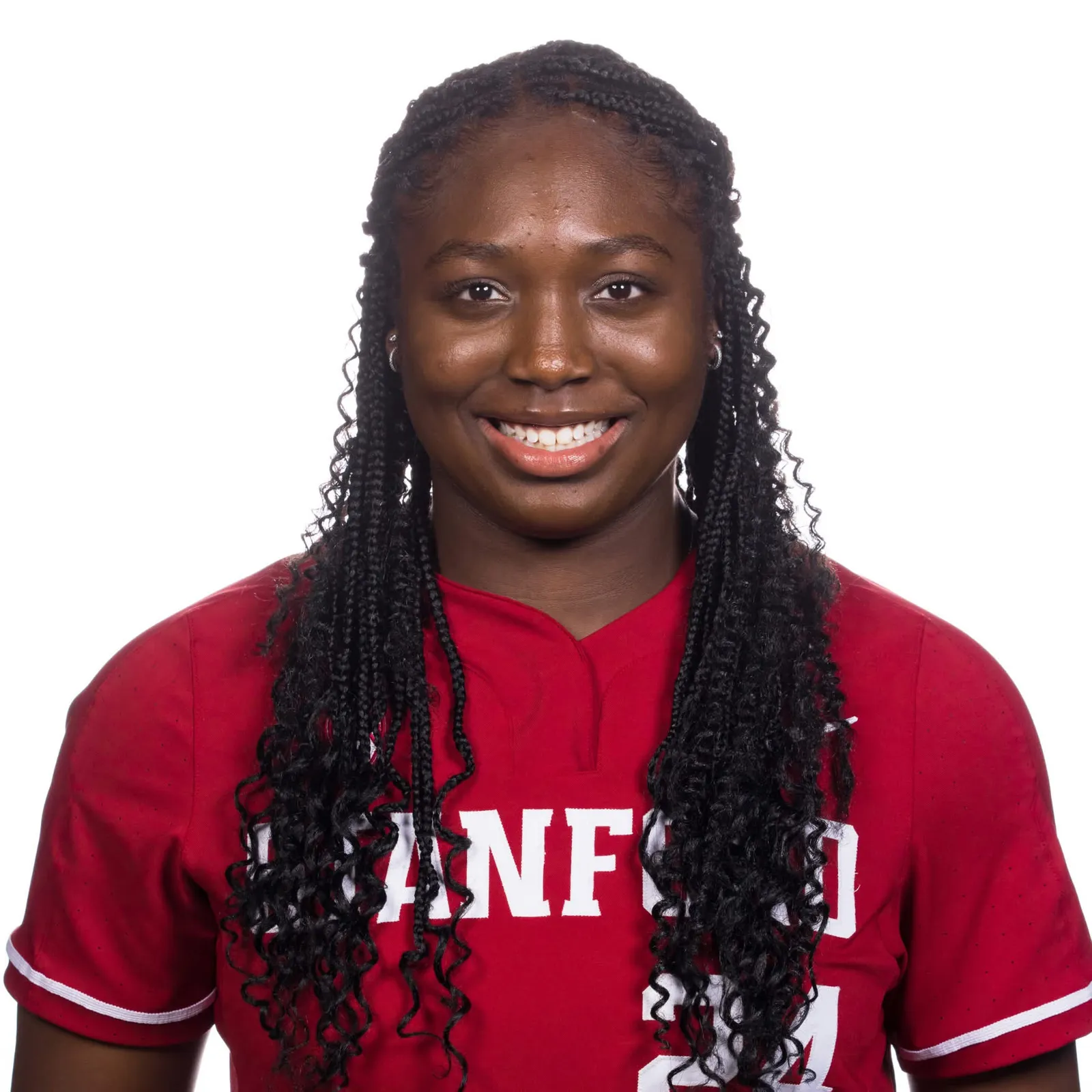 NiJaree Canady smiling in a red Stanford softball jersey