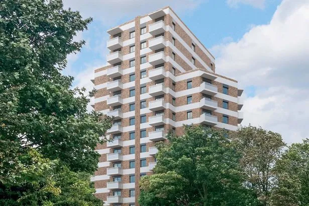 Brooke House, a 15-storey brick apartment block in Acton, rising above trees